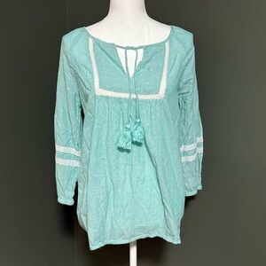St. John’s Bay Boho Peasant Blouse Aqua Blue Small Tassel Tie Top cottagecore